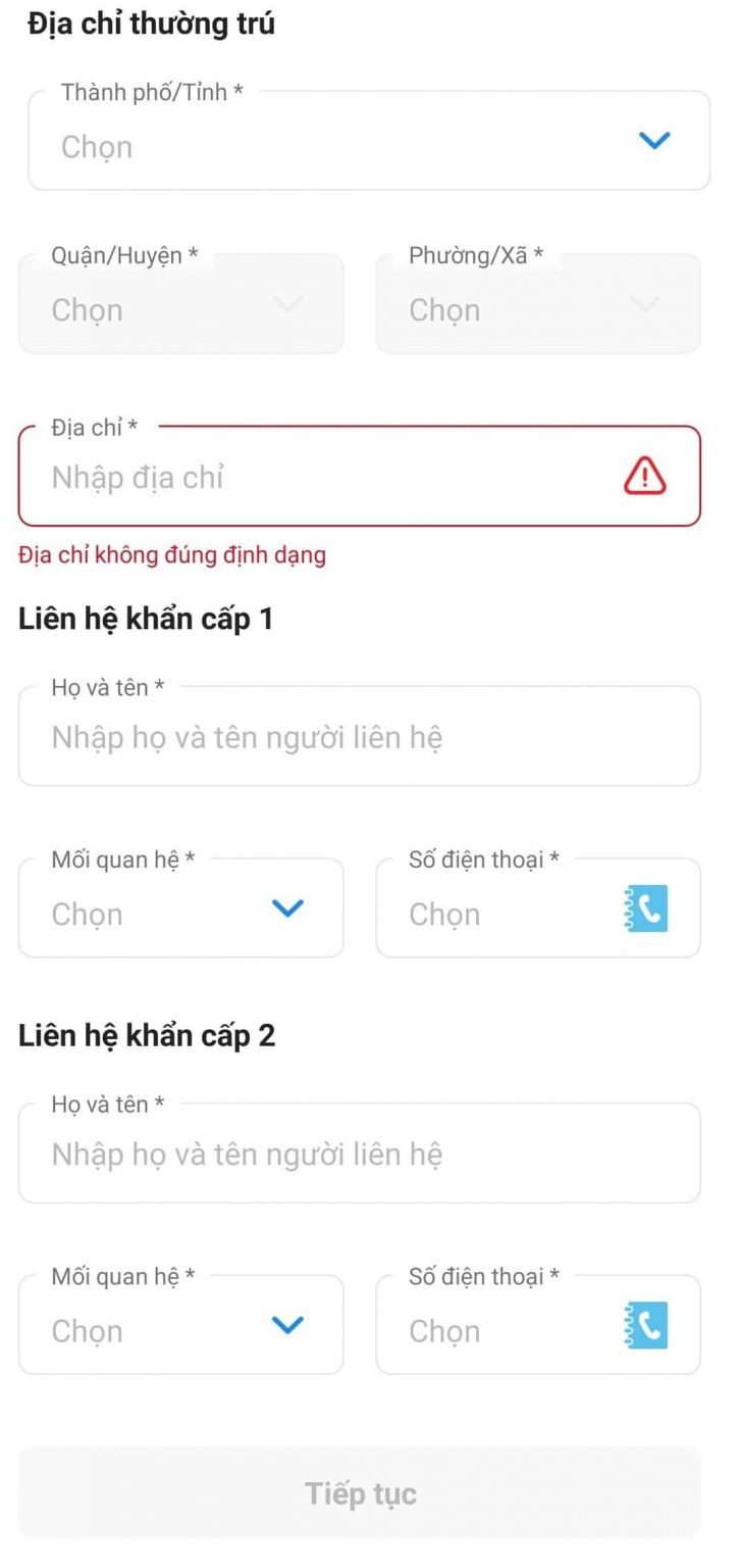 Điền địa chỉ thường trú và bấm Tiếp Tục Điền địa chỉ thường trú và bấm Tiếp Tục